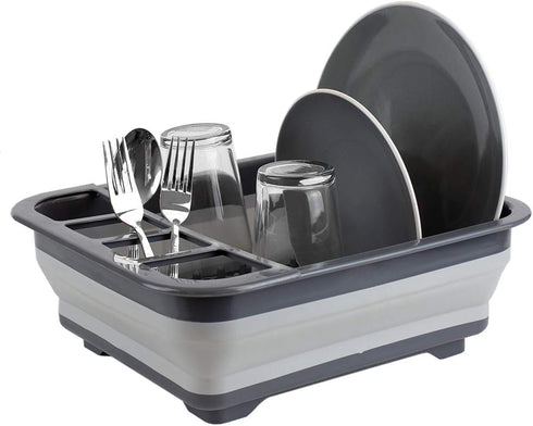 Home Basics Grey Silicone and Plastic Easy Storage Collapsible Dish Rack with Cutlery Holder