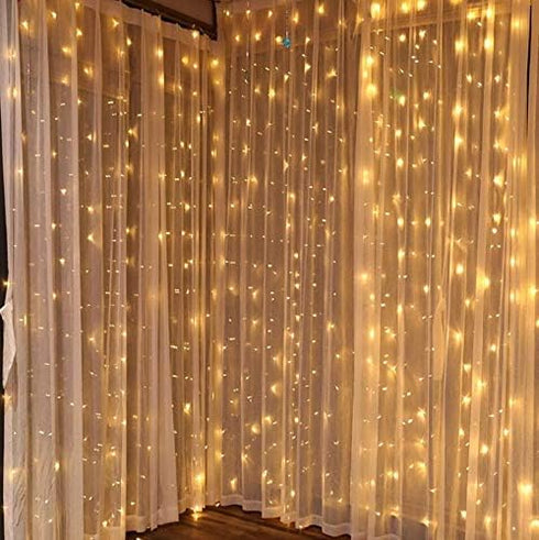 300 9.8ft x9.8ft 8 Dazzle Bright Curtain String Lights, LED Warm White Fairy Lights with Lighting Modes, Waterproof