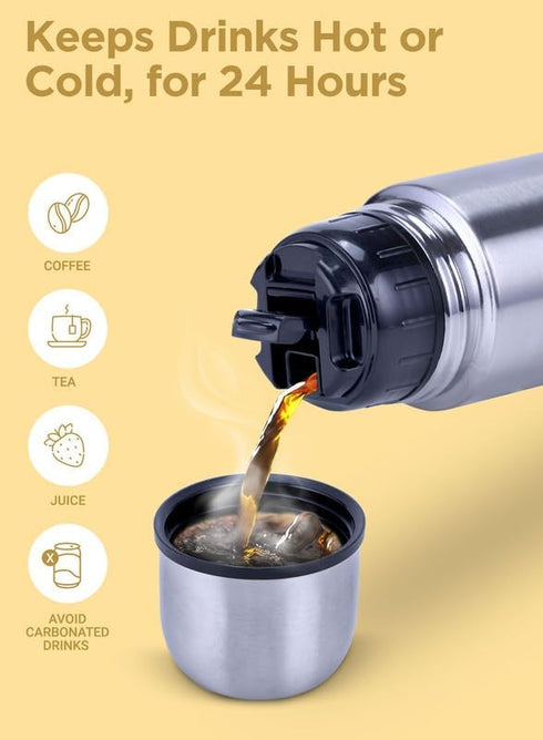 Milton Thermosteel 1000 ml Flip Lid, Double Walled Vacuum Insulated Thermos | 34 oz | 1 Ltr | Silver, BPA Free