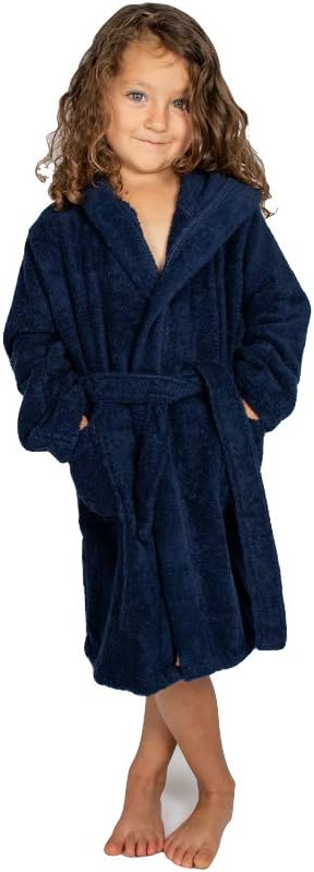 9-12 BAGNO MILANO Kids Organic Turkish Cotton Hooded Beach Cover-Up Towel, GOTS Certified, for Boys and Girls (Navy