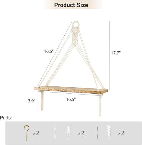 Set 2 Mkono Macrame Hanging Shelves Boho Wall Decor of Rustic Wood Floating Storage Shelf for Bedroom Bathroom Living