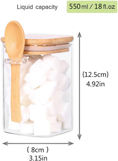 Spoon,Set 6 17 OZ Countertop, Glass Jar with Bamboo Lid and of Square Tea Containers for Loose Leaf Tea, Salt and Sugar