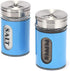 Salt and Pepper Shakers Stainless Steel and Glass Set with Adjustable Pour Holes, Blue