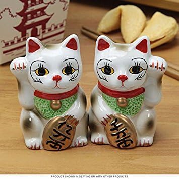 Japanese Maneki Neko Magnetized Ceramic Salt & Pepper Shakers