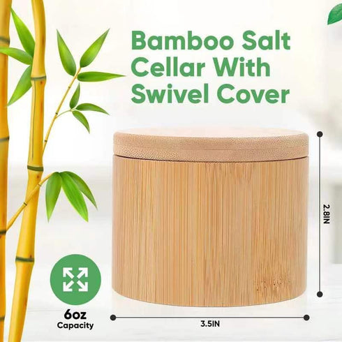 karmiero 360 Countertop 6OZ Salt Cellar, Bamboo Salt Container with Lid, Solid Salt Box Holder with Swivel Lid