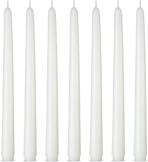 Calm Life Set of 7 Unscented White Taper Candles, Dripless 10 Inch Tall Skinny