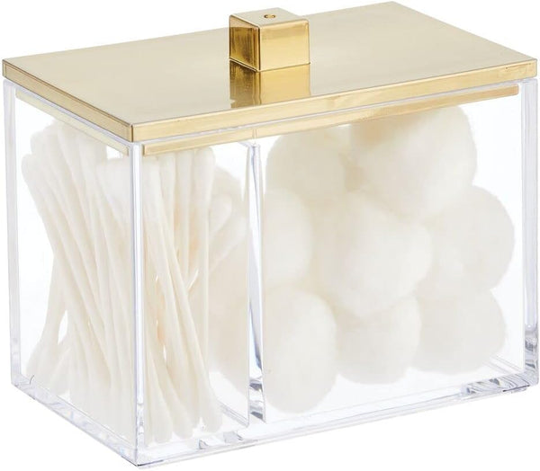 mDesign Modern Square Bathroom Vanity Storage Organizer Canister Jar for Cotton Swabs, Makeup Sponges - Clear/Soft Brass
