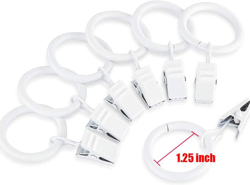 Set of 14 White Iron Metal Curtain Rings with Clips, Drapery Hooks, 1.25 Inch Interior Diameter for Hanging Curtains