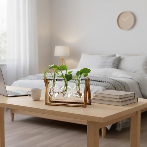 Bulb 3 Bulb XXXFLOWER Plant Terrarium with Wooden Stand, Air Planter Glass Vase Metal Swivel Holder Retro Tabletop