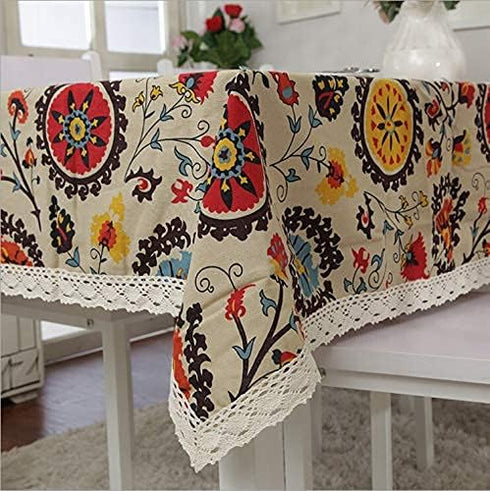 55 79 Inch LeLehome Elome X Oblong Bohemian Sunflower Tablecloth, Vintage Flowers Cotton Linen Lace Dinner Picnic