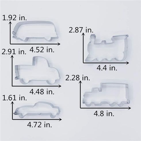LILIAO Transportation Cookie Cutter Set - 5 Piece Stainless Steel Train, Truck, Pick-up Truck, Car, and Bus Fondant