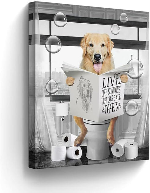 Golden Retriever Canvas Wall Art, Black and White Funny Dog Sitting in Toilet Painting for Bathroom