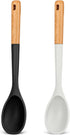 Large Silicone Cooking Spoons, 13.2inch Nonstick Solid Wooden Handle for Serving, Basting, Mixing (Black & White)