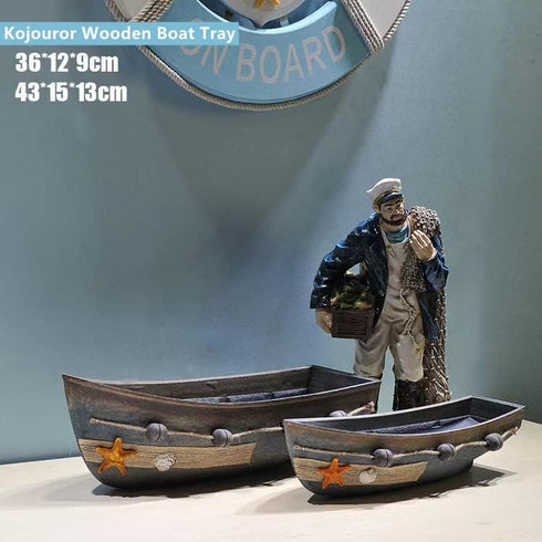 Konjouror 2 Pack Wooden Boat Tray Display, Blue Boat Model Decoration, Nautical Beach Ocean Decor