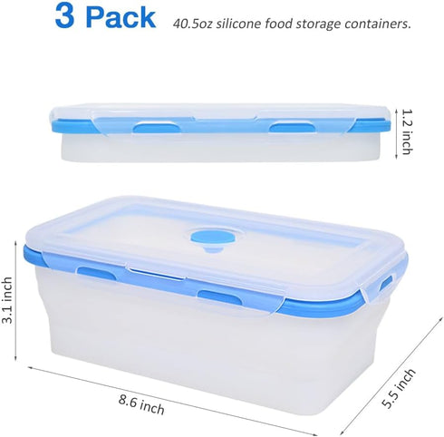 Alimat PluS 40.5oz Silicone Food Storage Containers, 3 Pack Set 1200ml Extra Large Collapsible Food Storage Containers with Lids, Collapsible Food Storage Containers Suitable for Lunch and Fruits