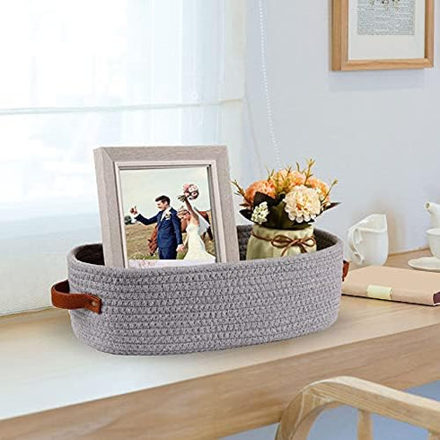 Cotton Rope Small Woven Storage Basket for Toilet Paper, Bathroom, 13"x5.9"x4", Gray