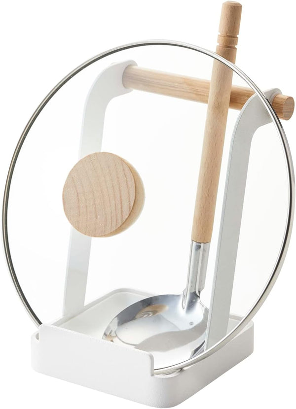 Yamazaki Home Ladle & Lid Rest - Kitchen Utensil Organizer Stand for Cooking, Steel + Wood, White