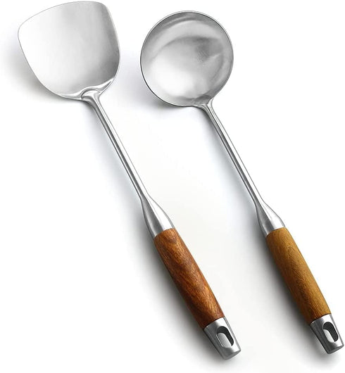AOOSY Wok Spatula & Ladle Tool Set, 18/10 Stainless Steel Cooking Utensils, 15-inch Wooden Handle, Set of 2
