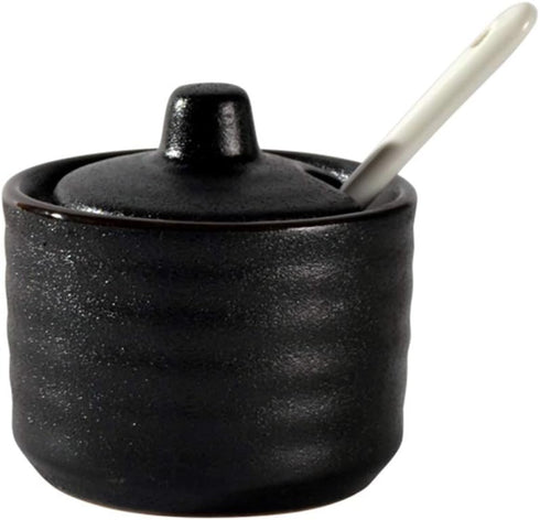 Ceramic Mini Sugar Bowl - Seasoning Pot Salt Pepper Storage Jar with Lid Spoon, 70ml