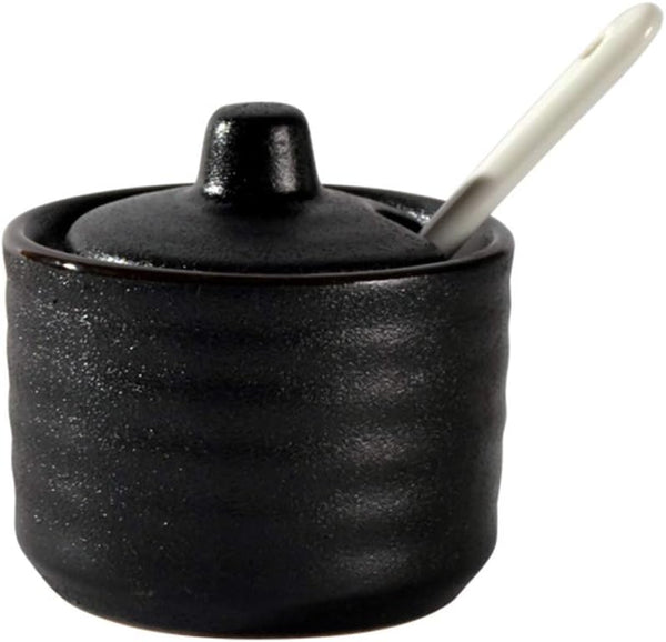 Ceramic Mini Sugar Bowl - Seasoning Pot Salt Pepper Storage Jar with Lid Spoon, 70ml
