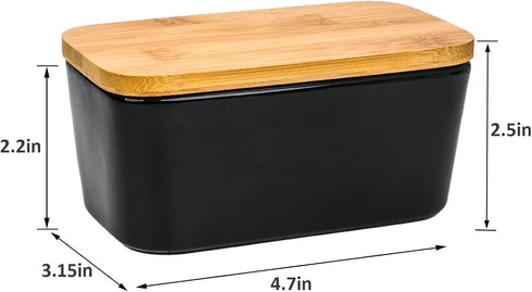 Butter Dish with Lid - Porcelain Keeper with Wood Cover for Easy Clean Butter Storage Container