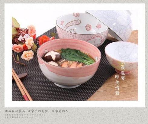 JapanBargain 2483 Japanese Porcelain Soup Bowl, Ramen Bowl with Maneki Neko Smiling Cat Pattern, 5-inch (2, Pink)