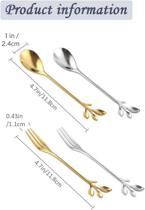 Coffee Spoon Fork 4 Pack, Silver Leaf Retro Dessert Coffee Small Spoon Cocktail Picks, 4.7 Inches Stainless Steel Set