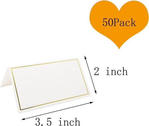 50 Pack Tent Cards with Gold Foil Border for Weddings and Events, 2 x 3.5 Inches