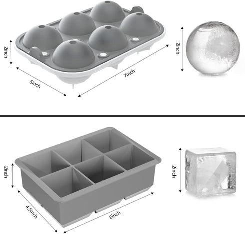 ROTTAY Ice Cube Trays (Set of 2), Sphere Ice Ball Maker with Lid & Large Square Ice Cube Maker for Whiskey