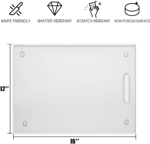 Tempered Glass Cutting Board for Kitchen Countertop, 16"x 12" Clear Board with Handle, Scratch & Heat Resistant