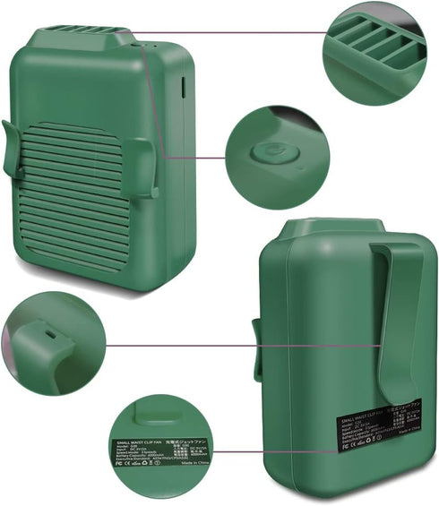 Wearable Portable Waist Clip Fan, Personal Body Fan with 6000mAh, Up to 23H Long Endurance (Green)