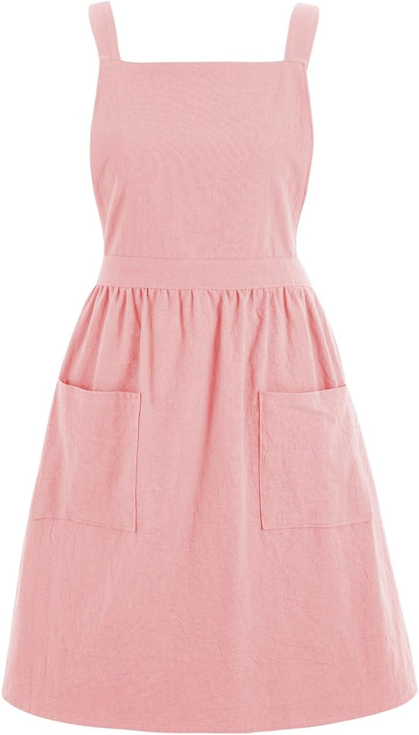 Cotton Linen Pinafore Apron Dress for Women - Cute Art Chef Apron for Baking and Gardening