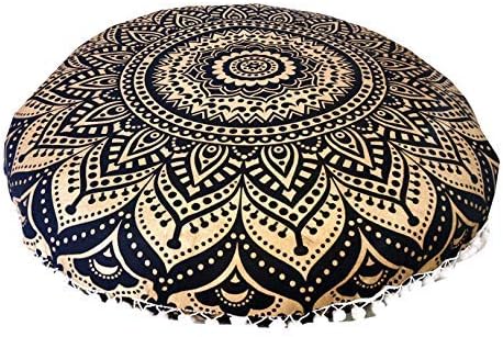 32" Gold Mandala Barmeri Large Floor Pillow Cover - Hippie Decorative Zipped Pouf Ottoman (Gold Black)