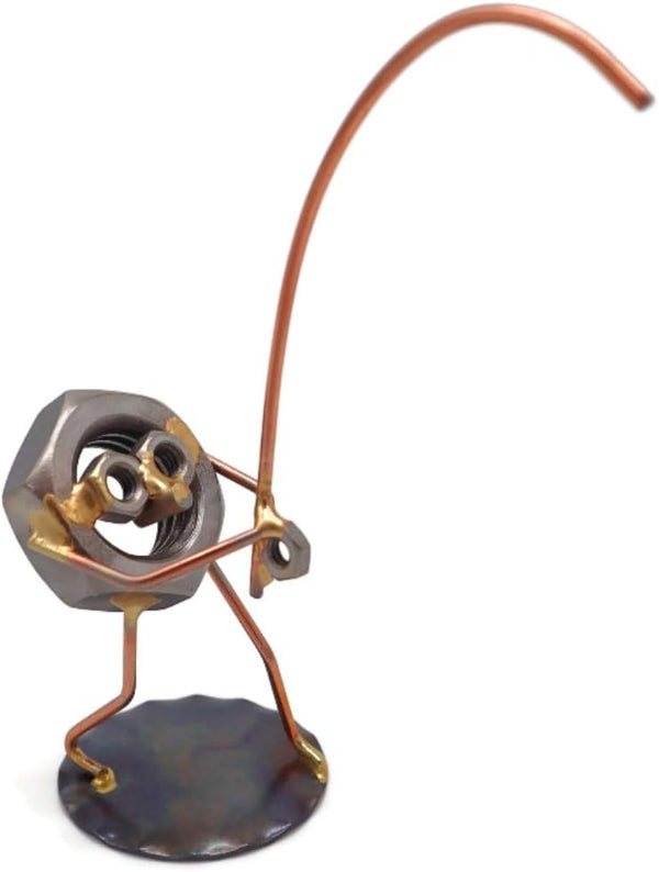 Fishing Nut Collectible Handmade Metal Art Figurine, Desk Accessories, Home Office Décor