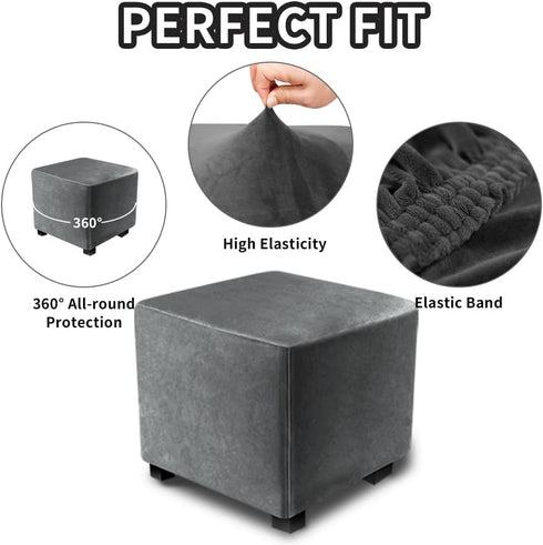DUJUIKE Square Ottoman Covers Protector, Stretch Comfortable Velvet, Elastic Bottom, Grey (Size S: 13-18"/15-18")