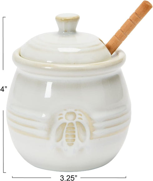 Whimsical White Stoneware Honey Pot with Wooden Dipper - Farmhouse Style