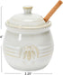 Whimsical White Stoneware Honey Pot with Wooden Dipper - Farmhouse Style