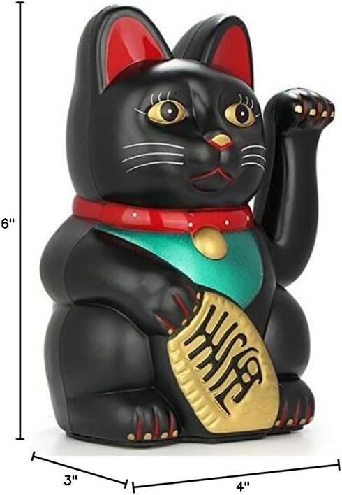 Monkey King Feng Shui Lucky Cats, Waving Wealth Cat Maneki Neko, 6" Tall, Black, Gold