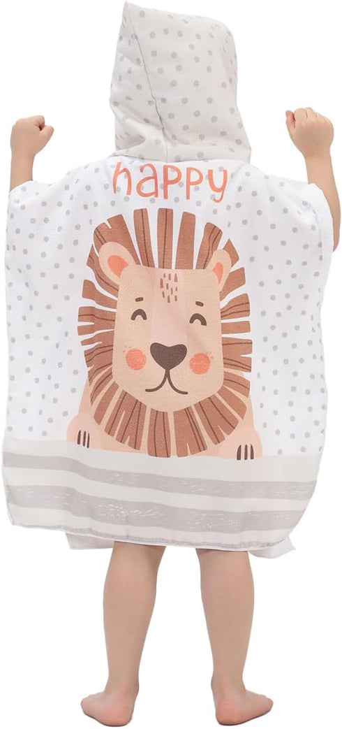 Thin Quick-Dry Beach Towel with Hood for Kids - Blue Stripe Lion Design