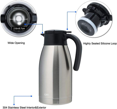 GiNT 64Oz Insulated Stainless Steel Coffee Carafe, Double Walled Vacuum Thermos for Keeping Hot (Silver, 1.9L)