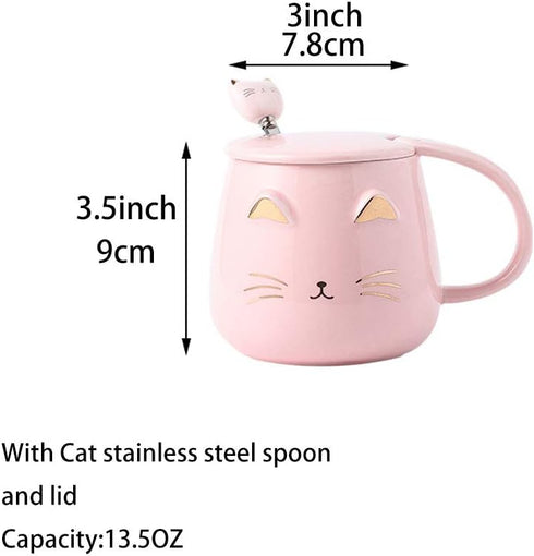 Pink Ceramic Coffee Mug, Cute Cat Handmade Tea Cup with Stainless Steel Spoon, Unique Hot Chocolate Novelty Mug for