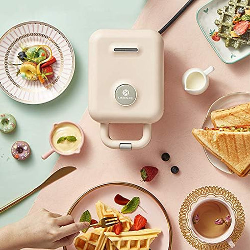 LIVEN Mini Waffle Maker with 3 Shapes Removable Plates, Electric Non-Stick Breakfast Machine, Pink