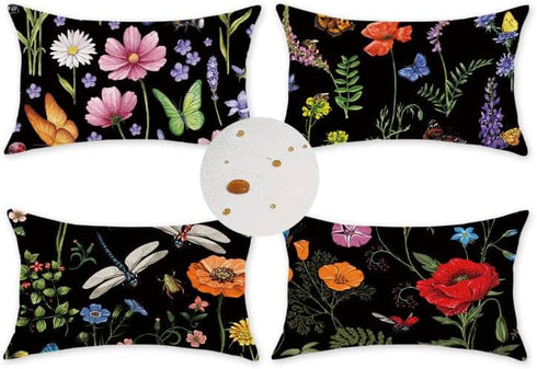 ONWAY Outdoor Waterproof Spring Summer Pillow Covers 12x20 Inch Set of 4, Floral Farmhouse Throw Pillows Decorative