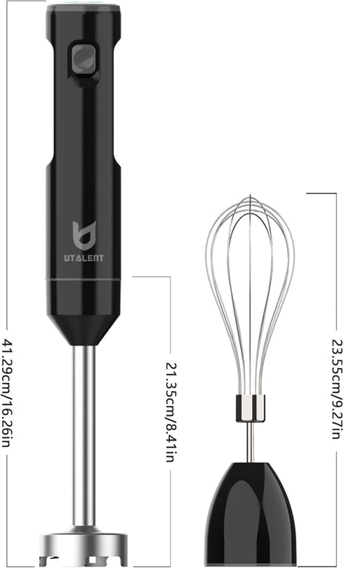 Cordless Hand Blender by UTALENT, Variable Speed Immersion Blender, Black with Fast Charger, Egg Whisk for Smoothies