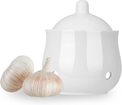 12 OZ Garlic Keeper with Lid, Porcelain Container for Countertop (White 12 OZ)