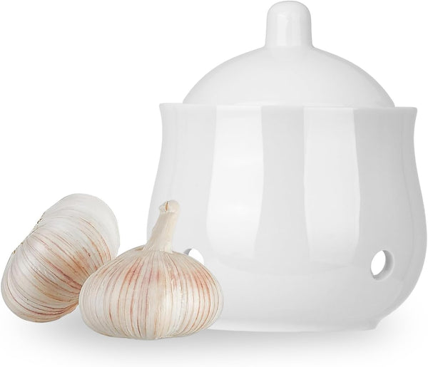 12 OZ Garlic Keeper with Lid, Porcelain Container for Countertop (White 12 OZ)