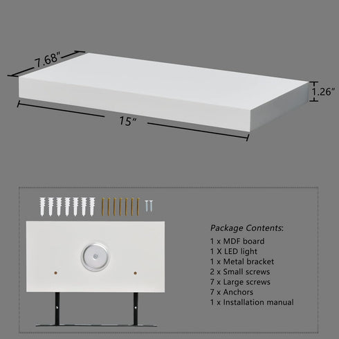 WELLAND White Floating Shelf with Motion Sensor Light, Wall Mounted Storage Shelf, Floating Nightstand for Bedroom