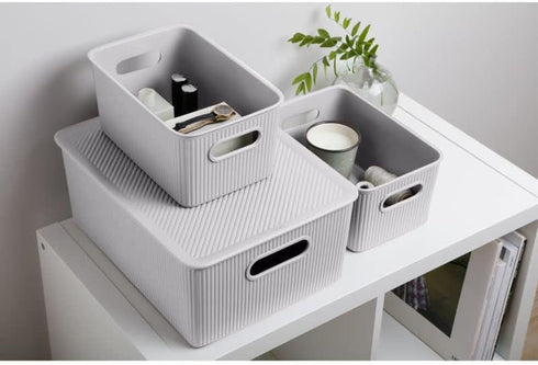 Superio Ribbed Collection Large White Smoke Storage Bins, 2 Pack, 15 Liter, Stackable Organizer Baskets