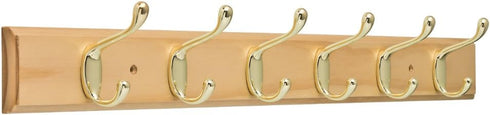 Franklin Brass R33120K-PNB-R Heavy Duty Coat and Hat Hook Rack - 26-1/2 in. Lacquered Pine and Brass