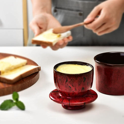 Pottery Butter Keeper Crock, Ceramic Butter Dish with Water Line for Countertop, Keep Butter Fresh, Red